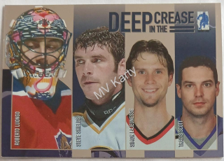 2003-04 In the Game Be A Player Memorabilia - Deep in the Crease #DC-14 Roberto Luongo, Steve Shields, Simon Lajeunesse, Travis Scott