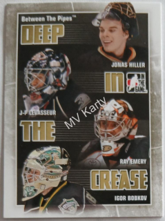 2010-11 In the Game Between the Pipes - Deep in the Crease #DC-01  Jonas Hiller, J-P Levasseur, Ray Emery, Igor Bobkov